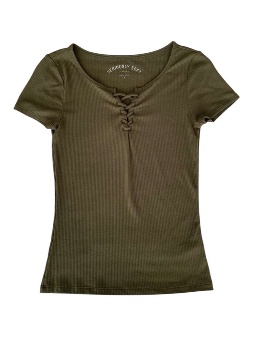Aeropostale Seriously Soft Ribbed Top Army Green Olive Shirt Size Medium M